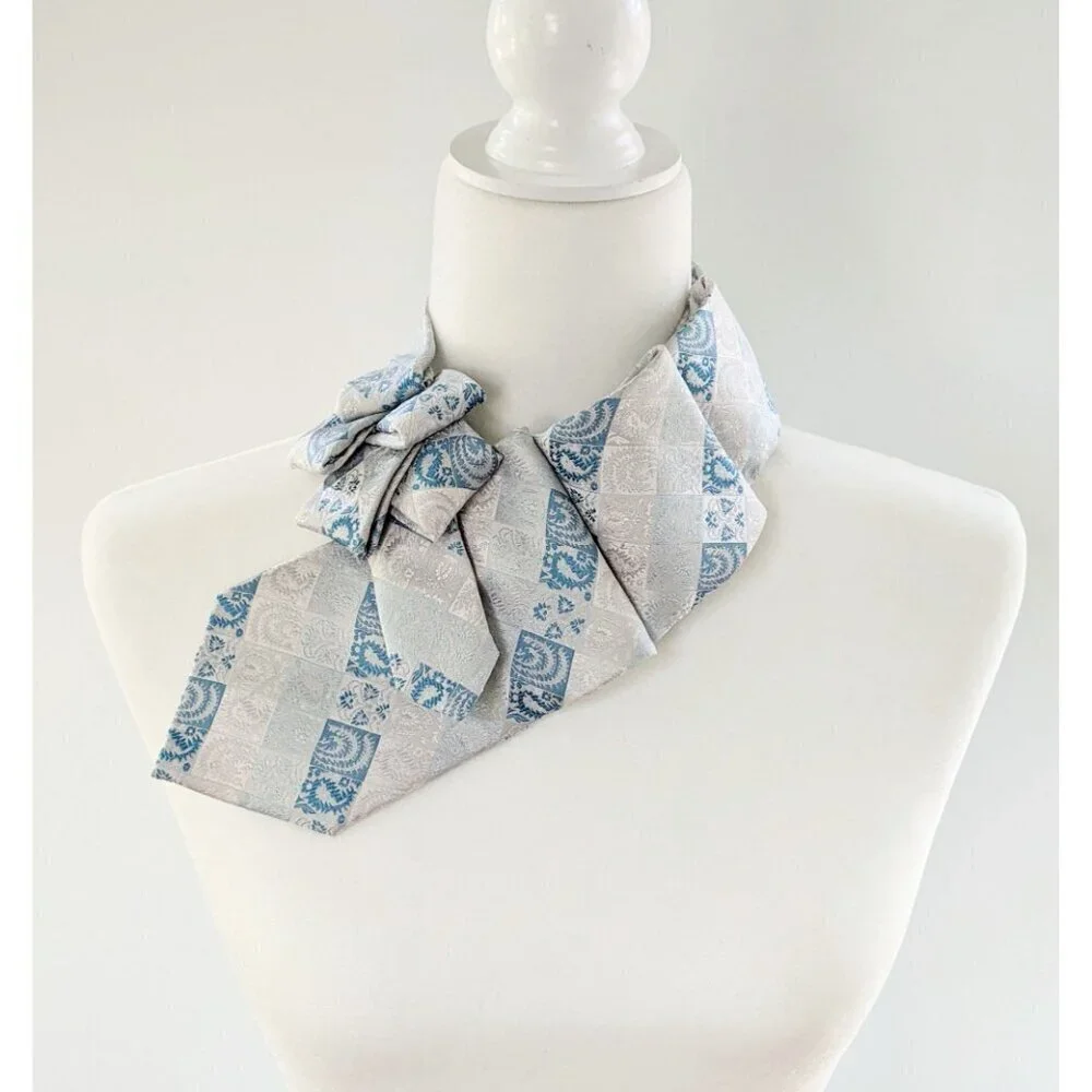 Vintage Blue And Silver Ascot - Androgynous Style - Unique Scarf.